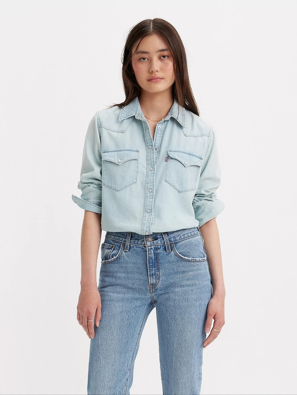 Levi's Light Wash Denim Western Snap Button Down Shirt 100% Cotton Shacket - Picture 2 of 14